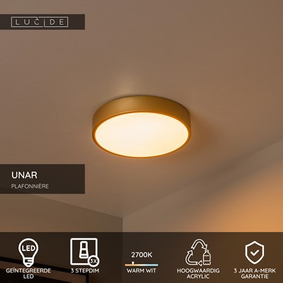 Lucide UNAR - Plafonnière - Ø 30 cm - LED 3 StepDim - 1x18W 2700K - Mat Goud / Messing
